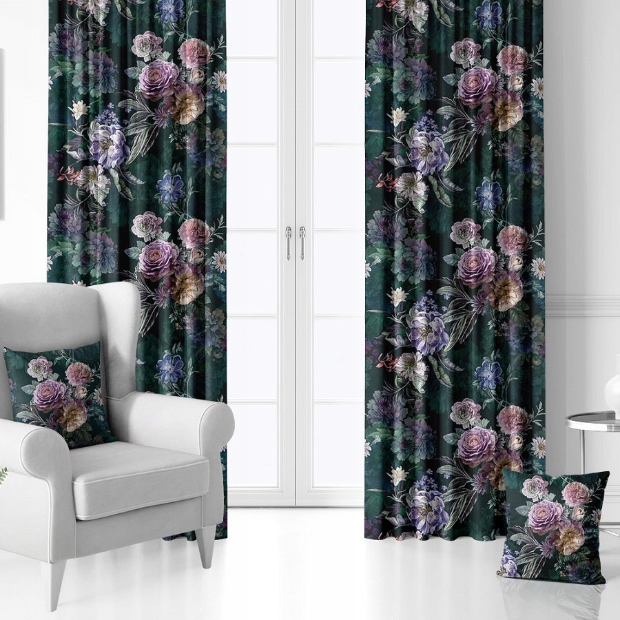 ZASŁONY LIŚCIE 150x230 ZIEL. Z KWIATAMI -ZŁOTY TAŚ Wzór gładki