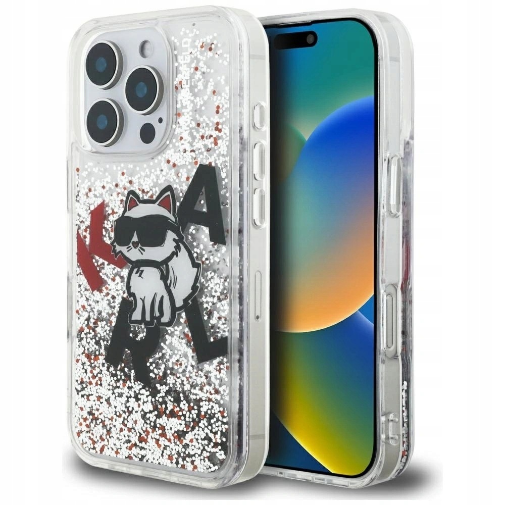 Pouzdro Karl Lagerfeld Liquid Glitter Choupette pro iPhone 16 Pro průhledné