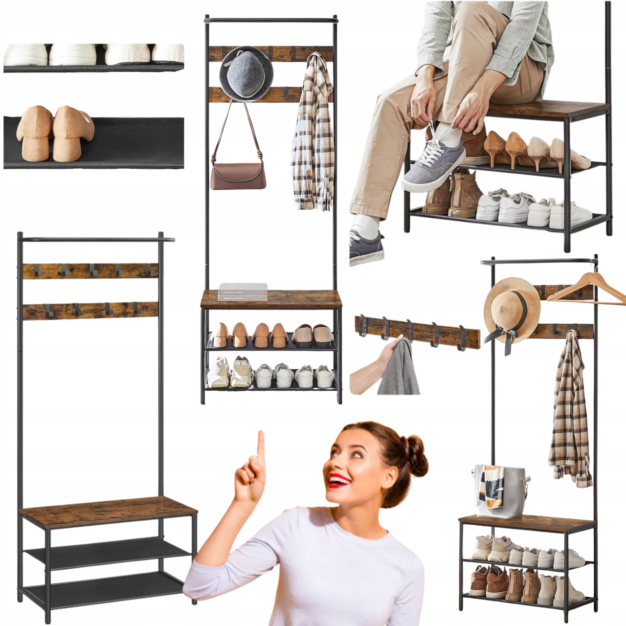 Vešiak do predsiene Voľne Stojaci na oblečenie 9 háčikov Lavička na topánky