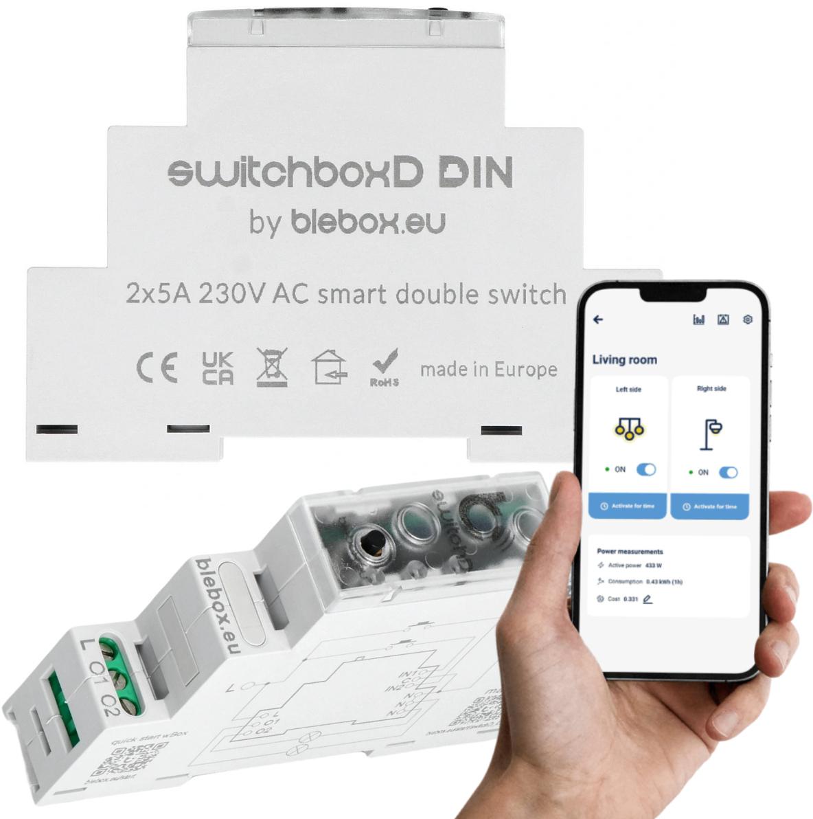Dvojkanálový spínač Blebox switchBoxD Din s WiFi 230V