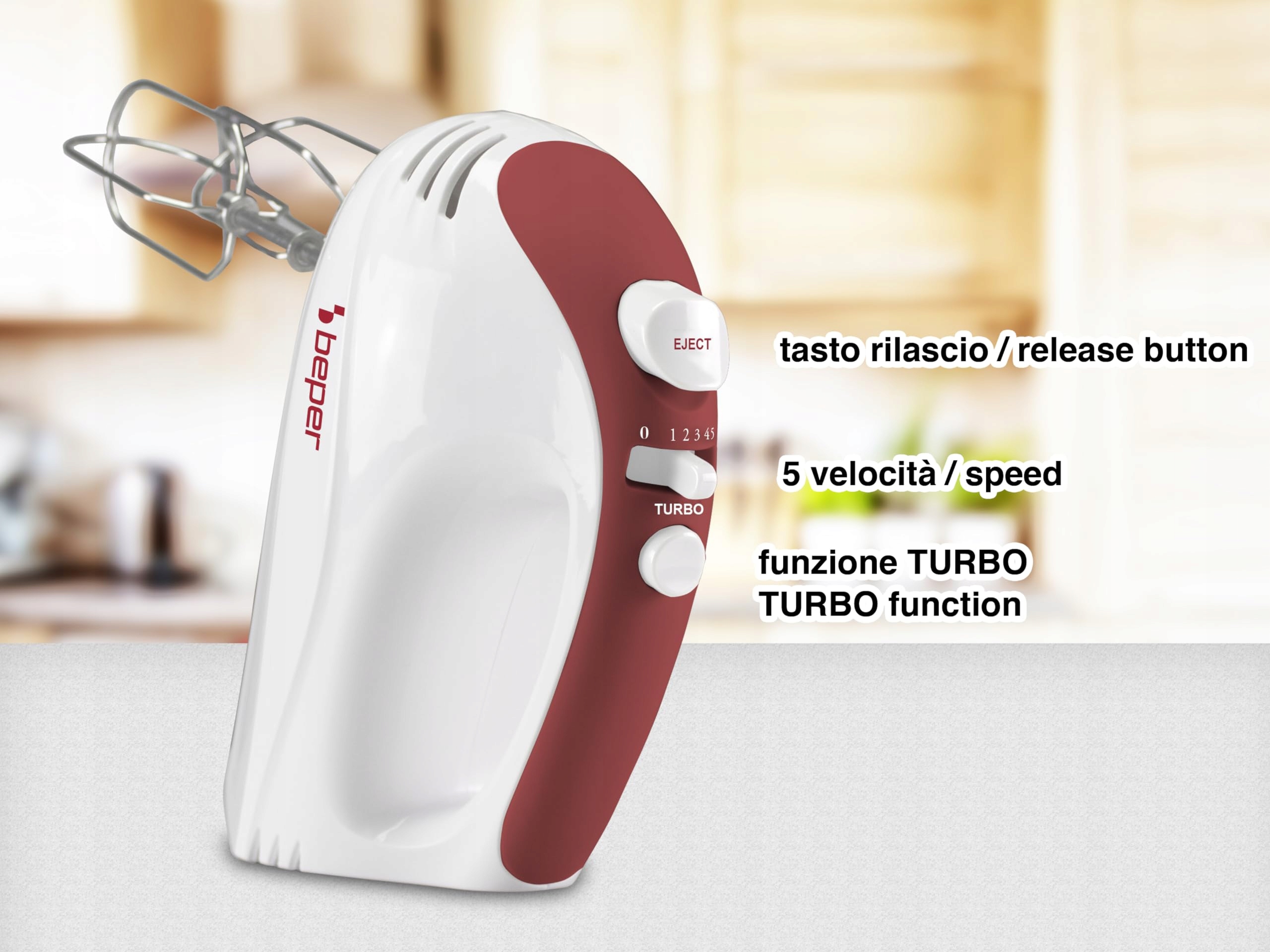BEPER Mikser Ręczny 300W, 5 Prędkości, Turbo, Ergonomiczny, Biały/Czerwony — miniatura 3