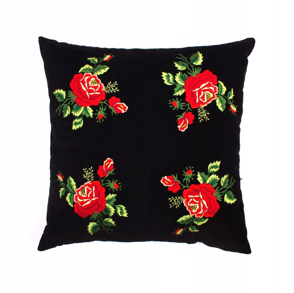 Černý Dekorační Polštář Z Folkového Sametu Rybářská Výšivka Červené Růže