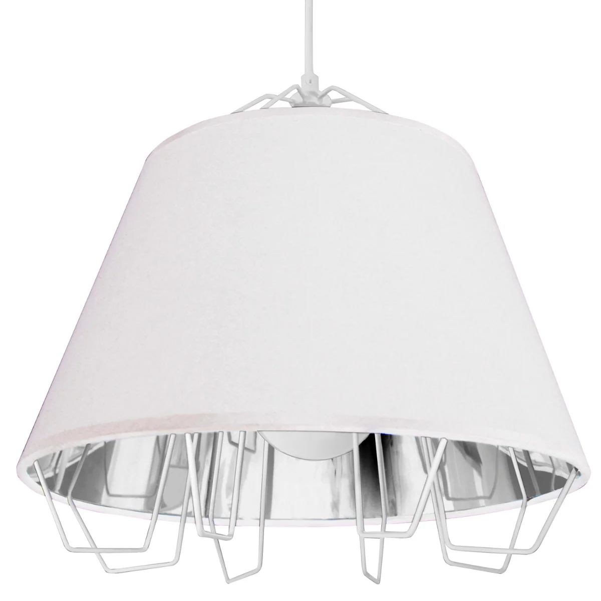 Závěsná drátěná lampa bílá stříbrná s stínítkem nad stůl, kulatá, Polux