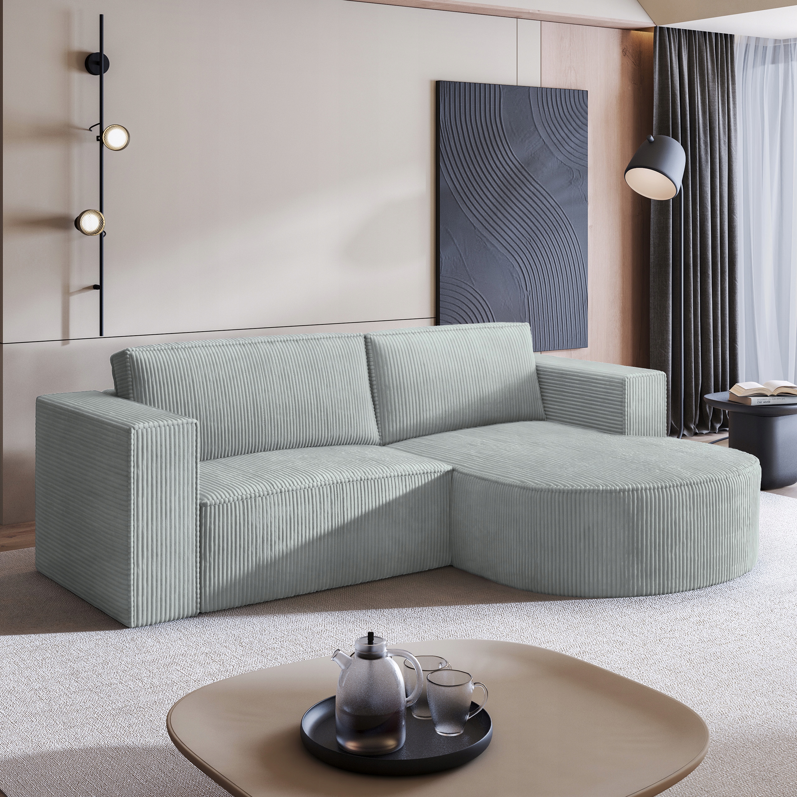 Rohová Sedací Souprava Funkce Spaní Moderní manšestr Světle šedá