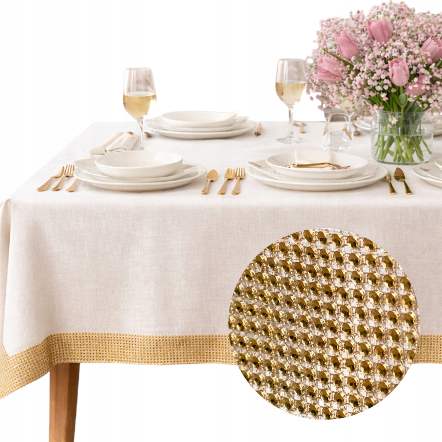 Obrus na stół styl Glamour Ze Złotymi Cyrkoniami 140x200 ecru
