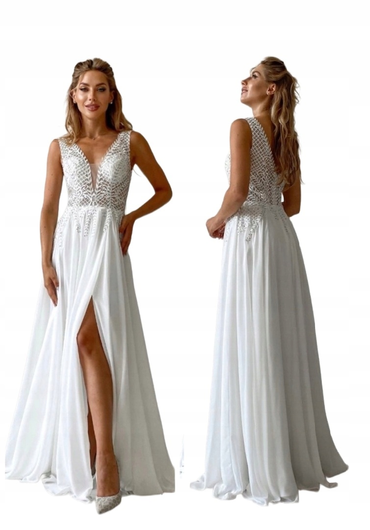 Elegantní dlouhá bílá šaty s zirkony Queen, svatební šaty L