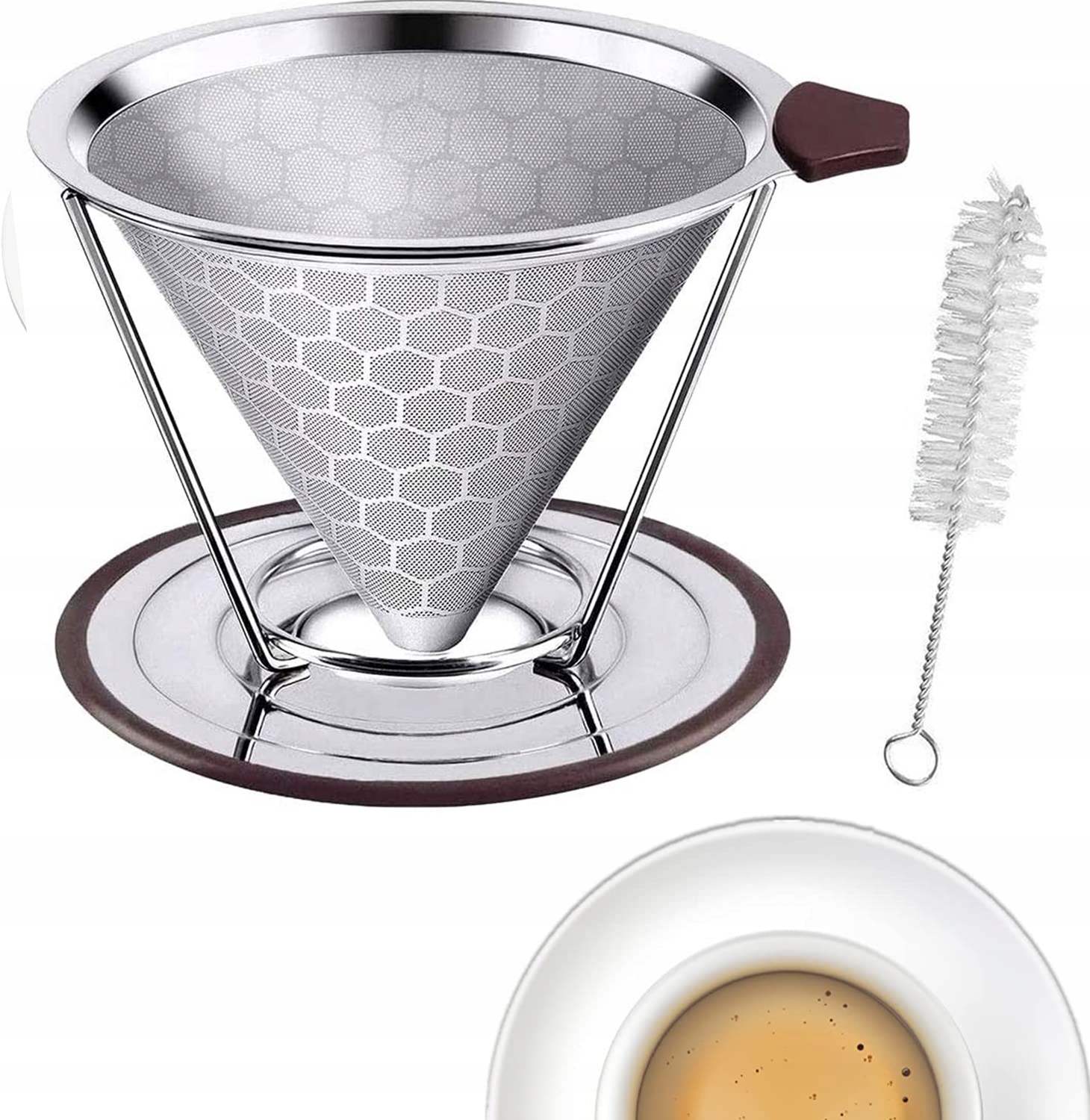 Přenosný Filtr Na Kávu Dripper Z Nerezové Oceli Se Štětcem
