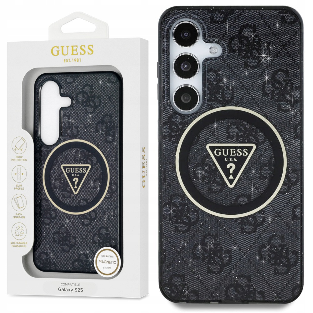 Magnetické pouzdro Guess Glitter Triangle pro Samsung Galaxy S25