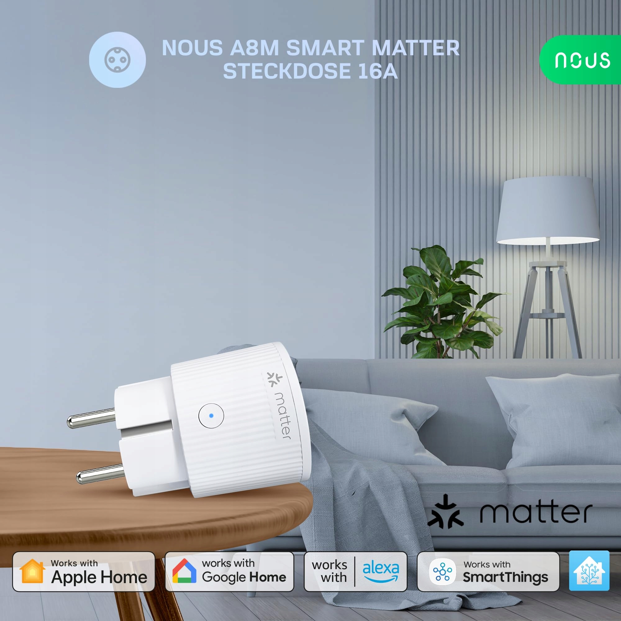 NOUS Matter Smart Gniazdko 16A 3840W Kompatybilne z Alexa Google Home — miniatura 2