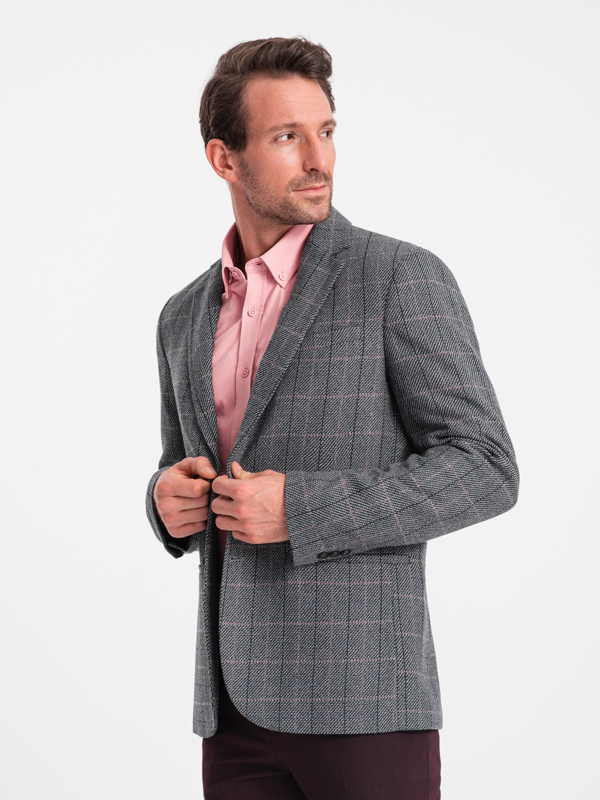 Żakardowa marynarka męska w delikatną kratę grafitowa V1 OM-BLZB-0119 XL Rozmiar XL