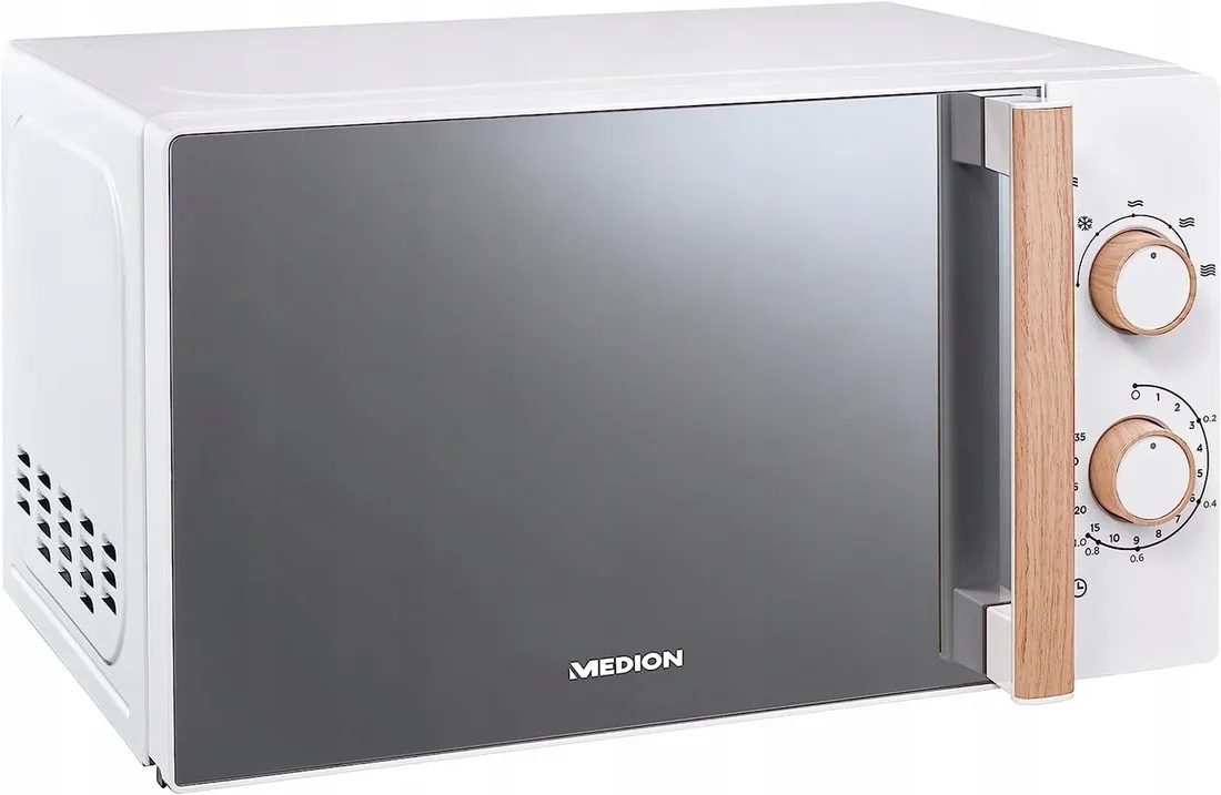 Pojemna Dobra Mikrofalówka 700W 20L Timer Rozmrażanie Retro Biała