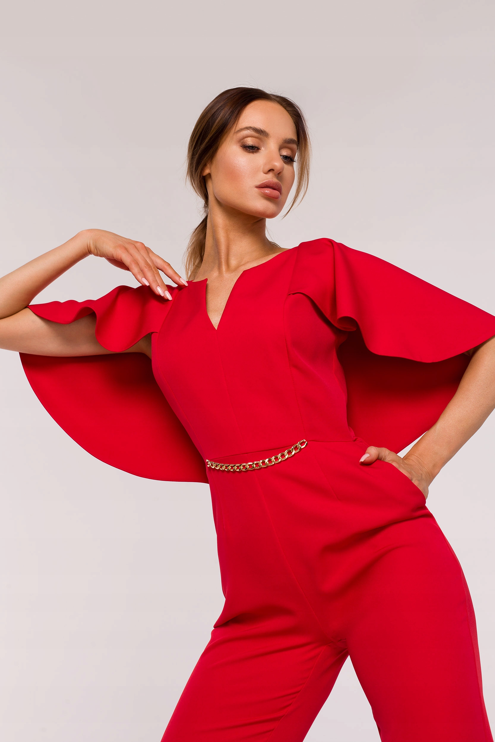 ELEGANCKI DAMSKI KOMBINEZON KOBIECY DOPASOWANY PIĘKNY FASON CZERWONY 38 M Rękaw inny rękaw