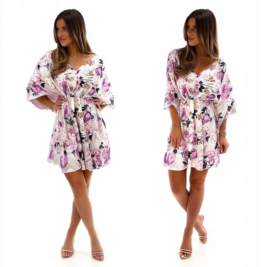 Sukienka Letnia Zwiewna Dekolt Rozkloszowana Luźna Mini Kwiaty Różowa Uni