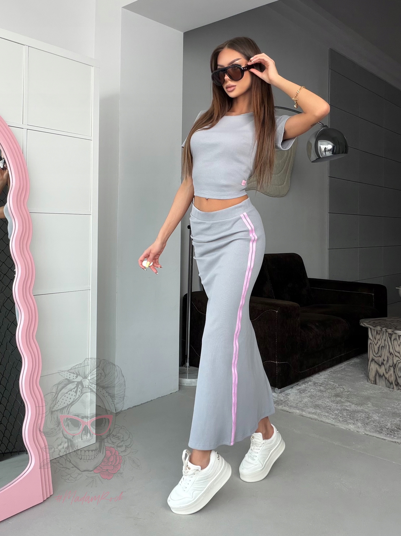 Komplet prążkowany bluzka spódnica Laki Kiter szary Uni