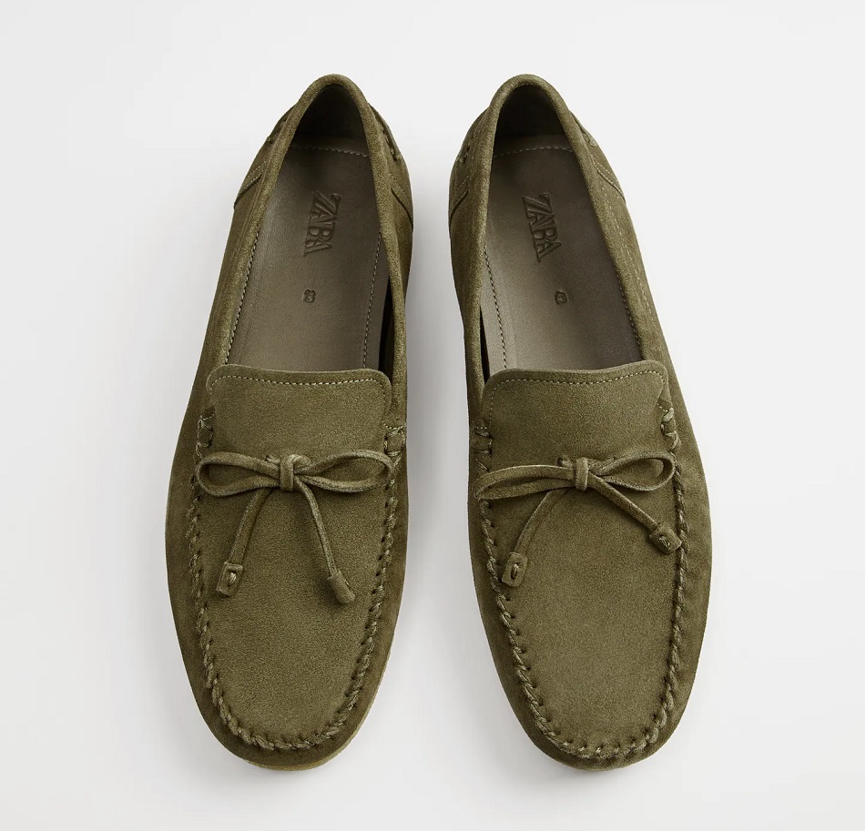 ZARA SKÓRZANE ZIELONE MOKASYNY BUTY KHAKI 40 Odcień khaki