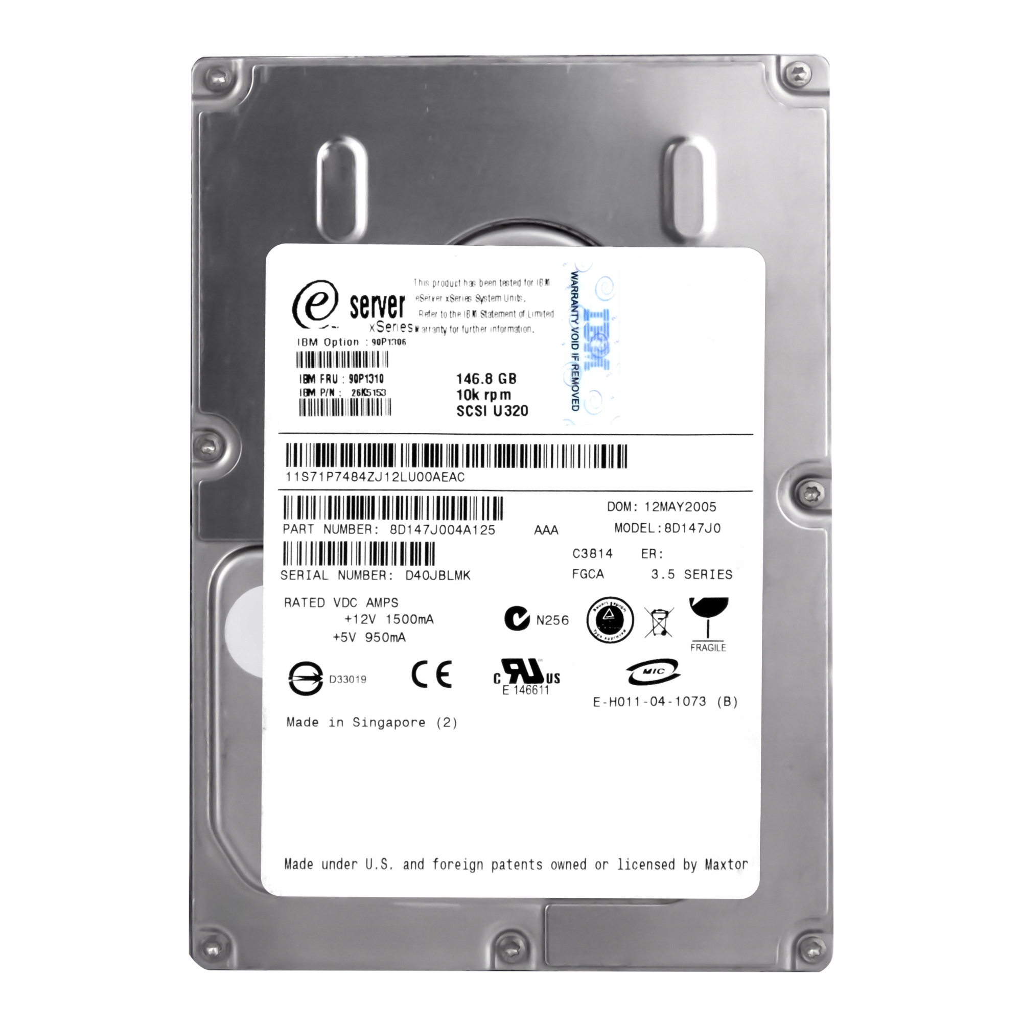 Ibm 90P1310 26K5153 147GB 10K Scsi 3.5'' 8J147J0