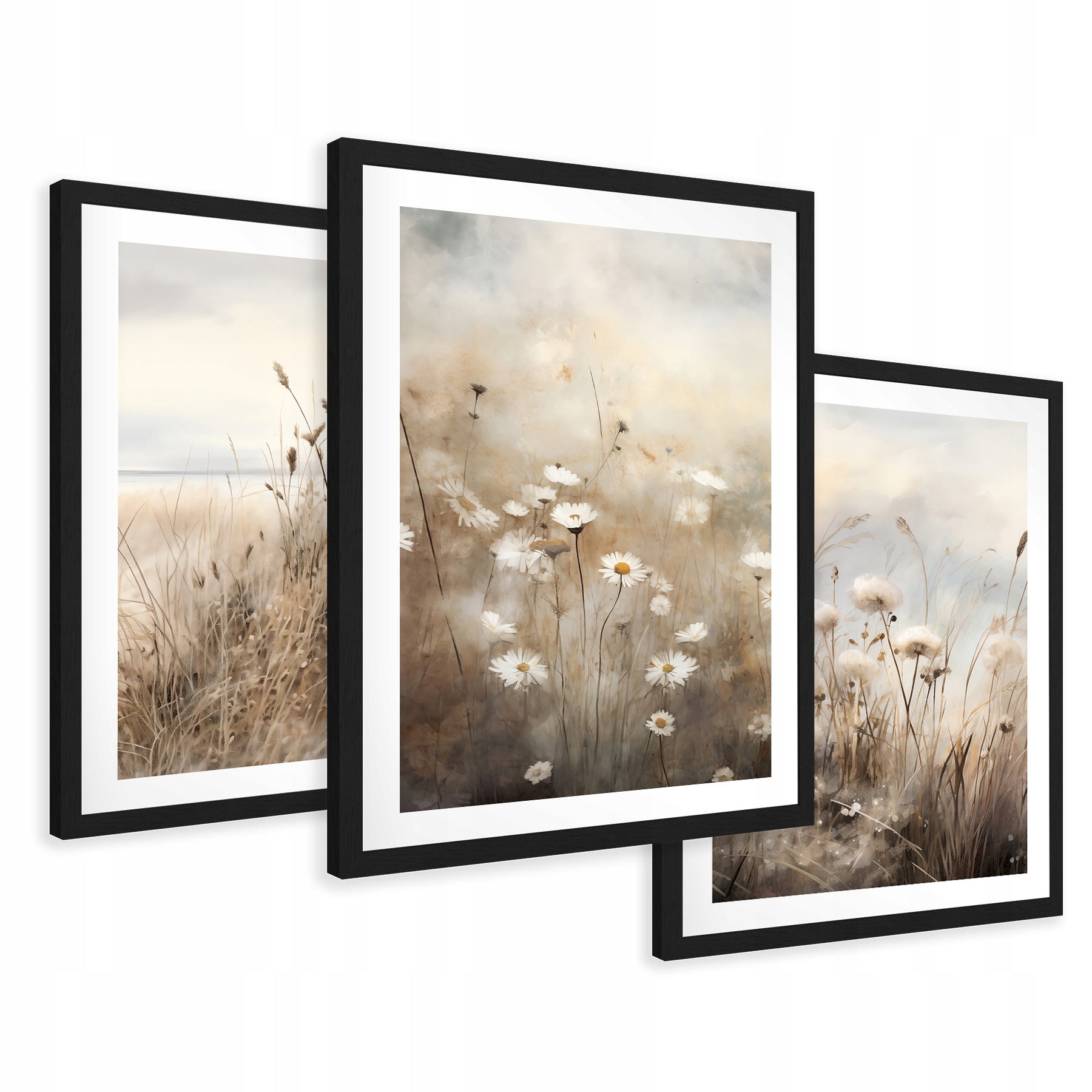 Zestaw Obrazy w ramie plakaty boho pampas sucha trawa kwiaty tryptyk 53x129