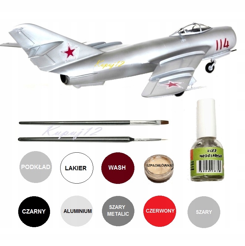 Model samolotu do sklejania MIG-17 ZESTAW: PODKŁAD, FARBY, KLEJ+PĘDZLELKI
