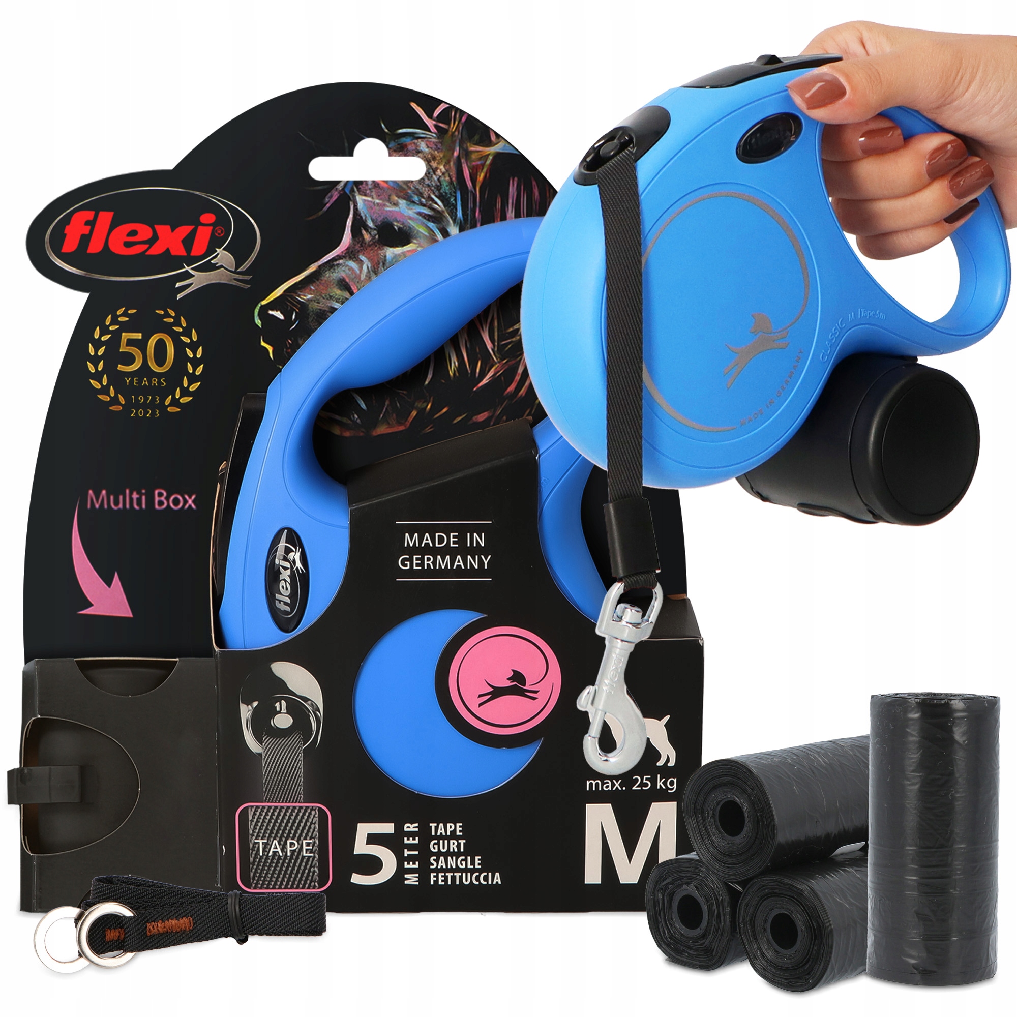 Levně Vodítko Automatické Psa 25kg 5m Nádoba Multi Box 80x Sáčky Psí Exkrementy