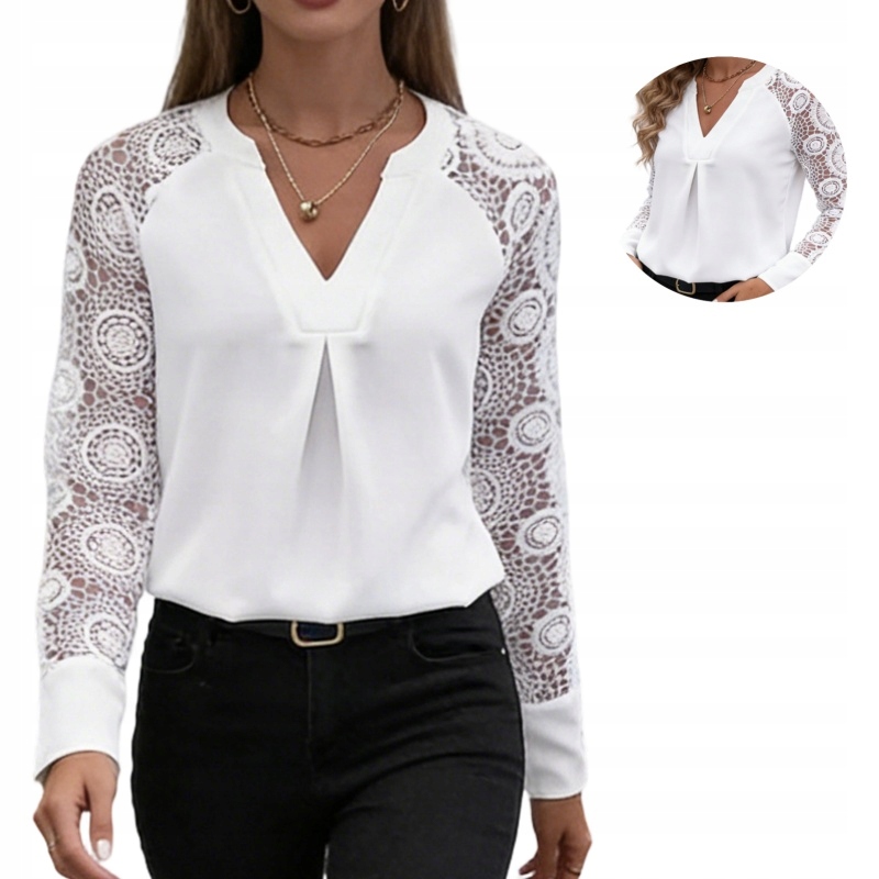 Bluzka damska biznesowa biała koronkowa dekolt w szpic do pracy