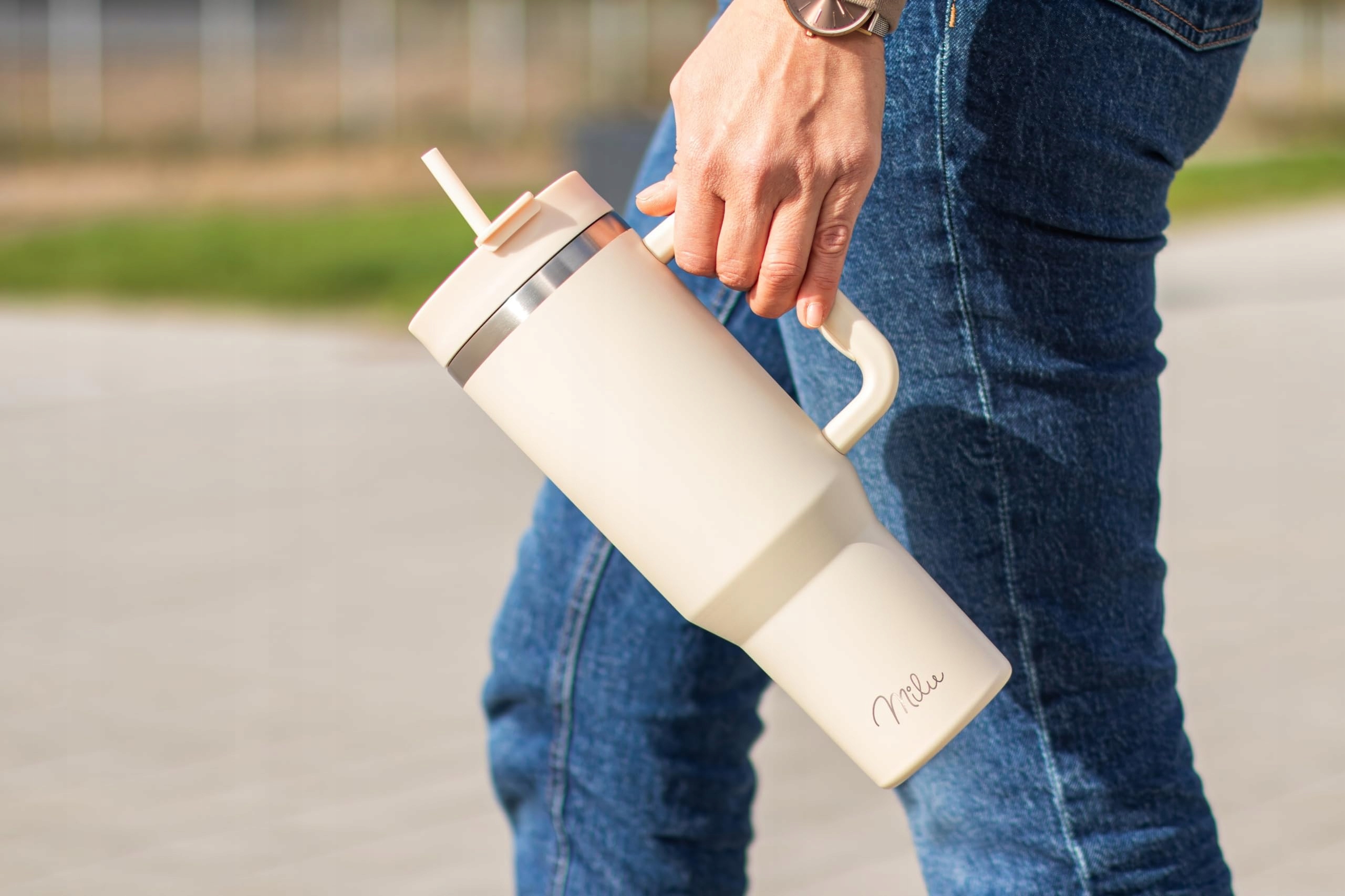 MILU Kubek Termiczny 1200ml Ze Słomką I Uchem Stal Nierdzewna Beżowy — miniatura 8