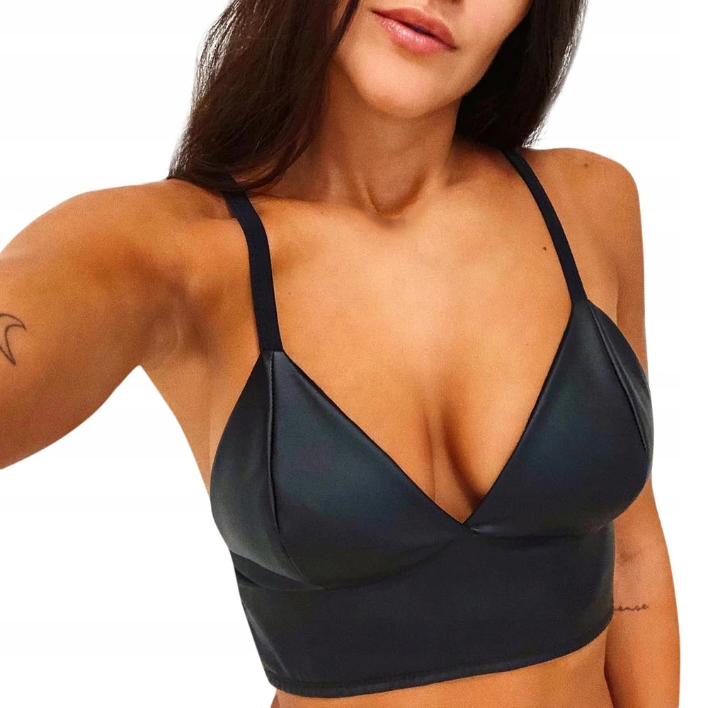 CROP TOP ELASTIC SKÓRZANY SEXY WYCIĘCIA BEZ PLECÓW