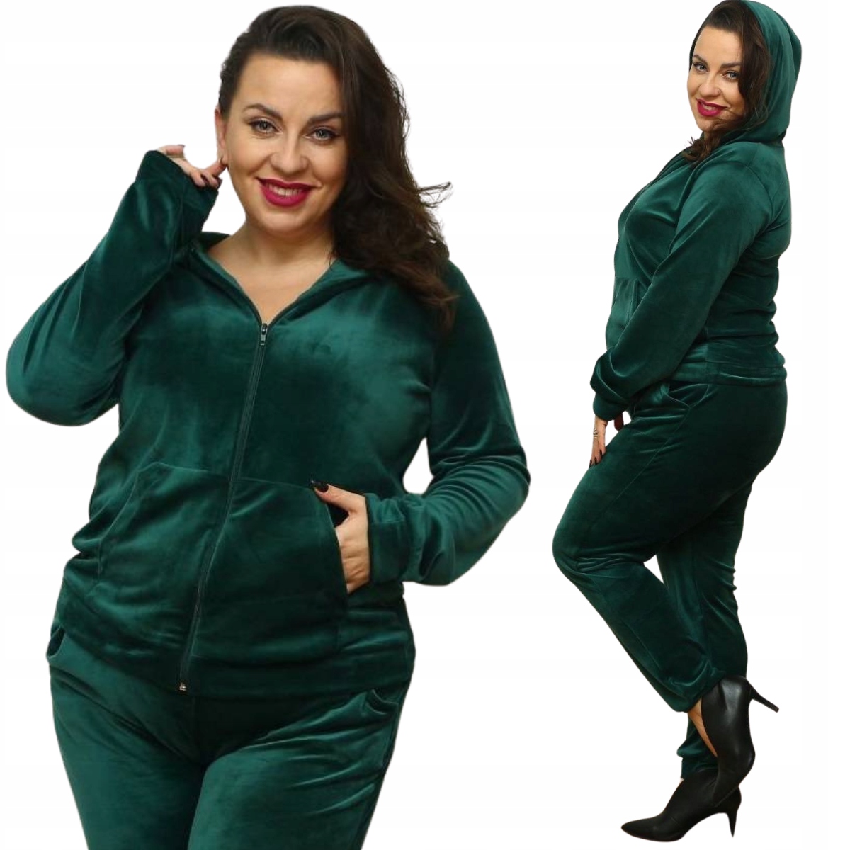 Velurová teplákovka dámská mikina na zip s kapucí 8216 Plus Size lahvová XXL