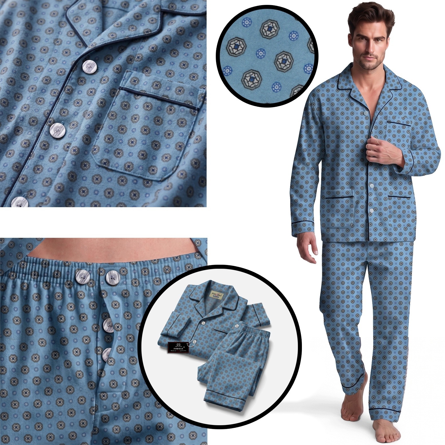 Teplé pánské dlouhé pyžamo Flanelové rozepínací 100% Bavlna modré XL