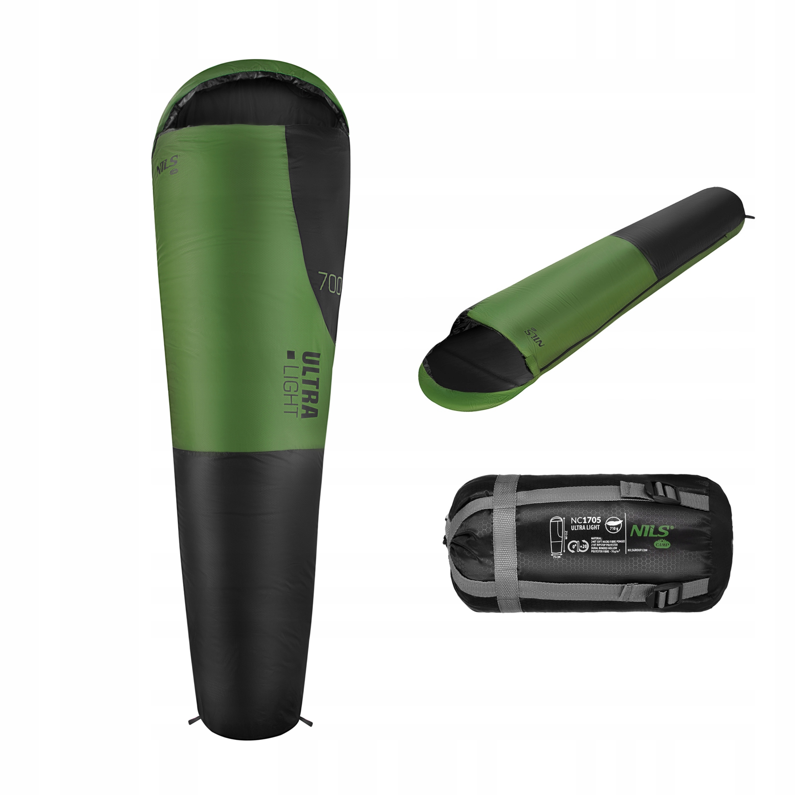 Śpiwór turystyczny ultra lekki letni kompaktowy 710g czarno ziel Nils Camp