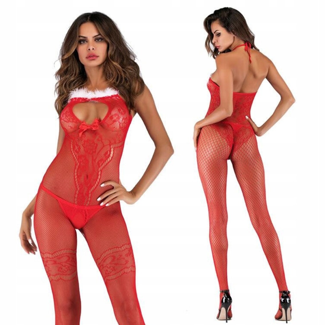 

Sexy komplet Mikołajki body pończochy kabaretki