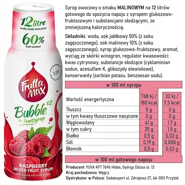 FruttaMax SYROP KONCENTRAT DO NAPOI GAZOWANYCH SMAK MALINA NA 12l Kod producenta 5998571760520