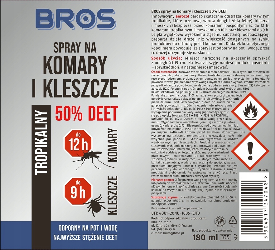 Bros SPRAY NA KOMARY I KLESZCZE 50% DEET 180 ml Stan opakowania oryginalne