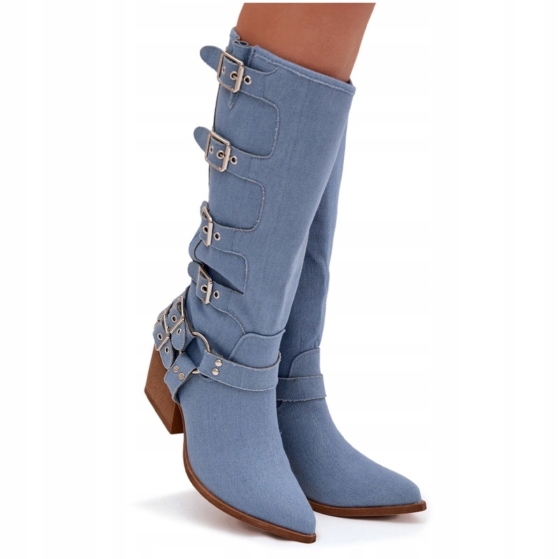 Dámské Látkové Kozačky Kovbojské Boty Pásky S Džínovými Přezkami Na Zip 36