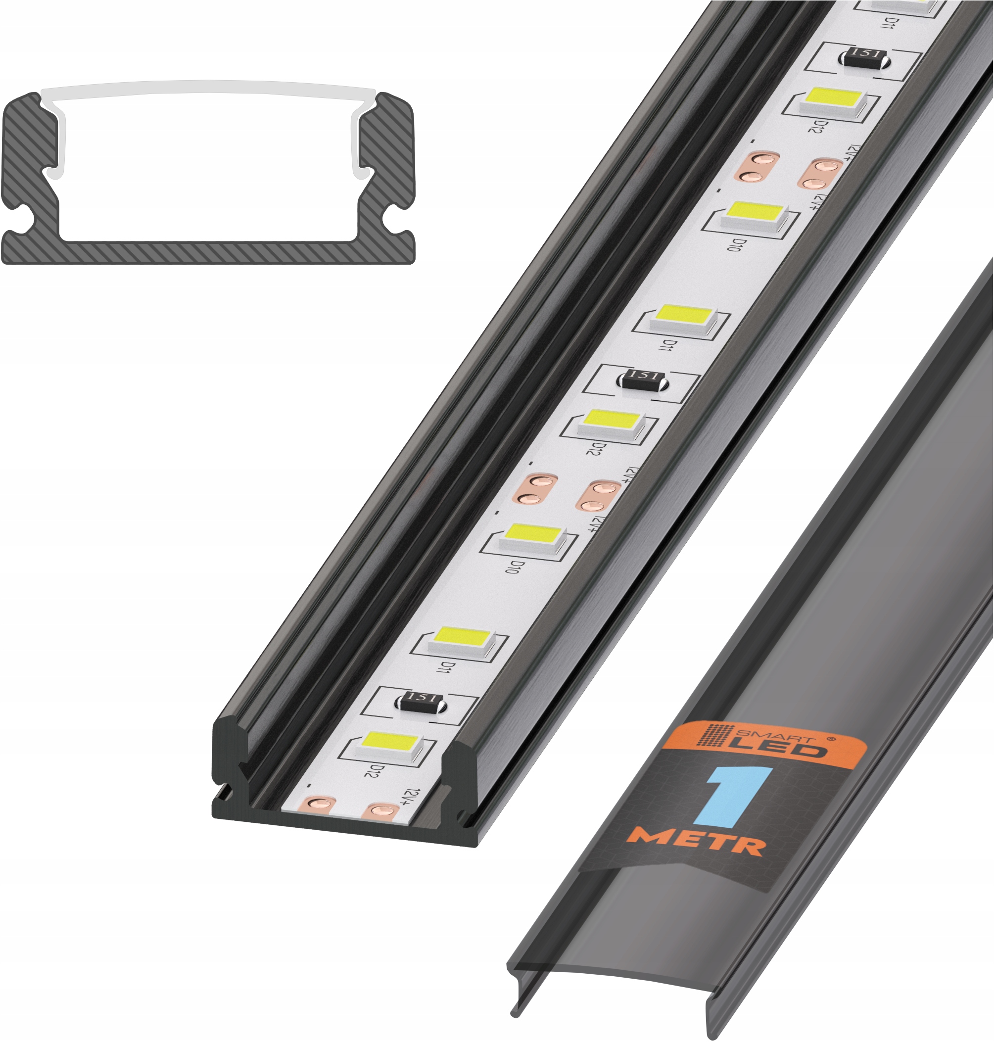 PROFIL LED do TAŚMA Czarny + KLOSZ Czarny 1M Typ profil do LED