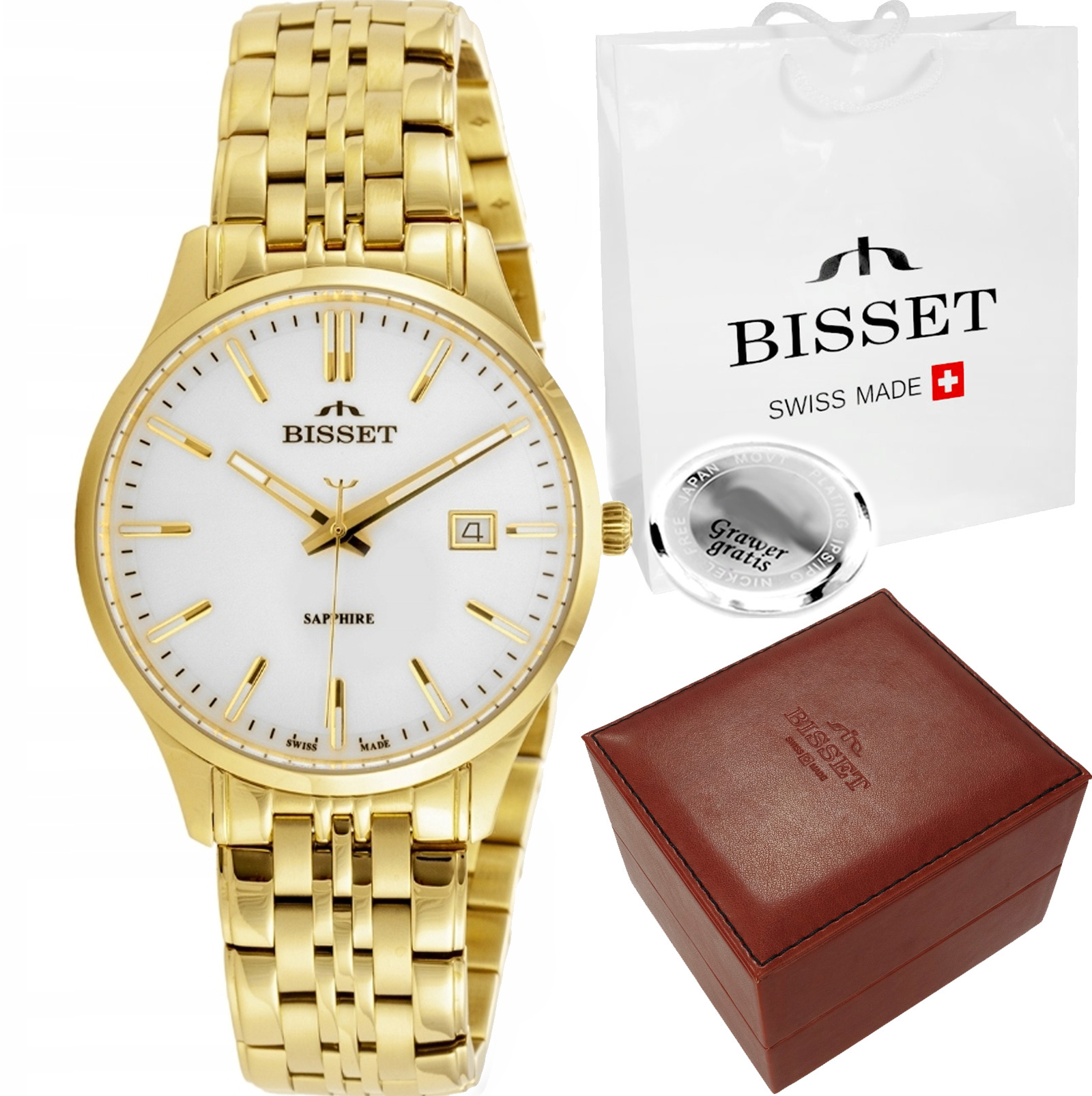Švýcarské pánské hodinky Bisset Safírové sklo s datumovkou Gravírování
