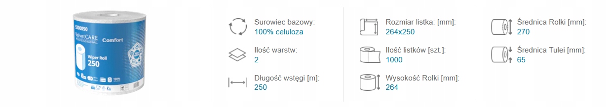 VELVET CZYŚCIWO PAPIEROWE 2w PRZEMYSŁOWE 250mb 2szt. 1000 listków Producent Velvet