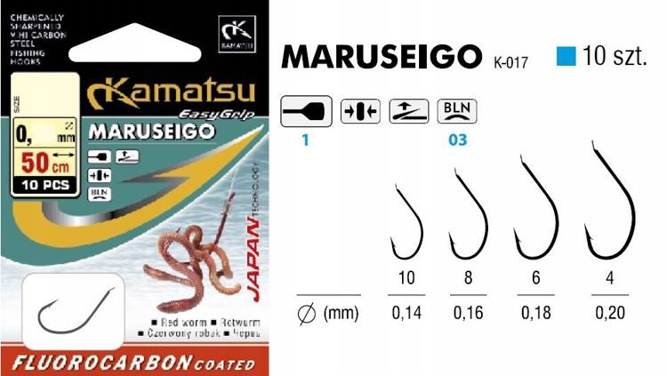 Haczyk Nr 10 Gotowe Przypony Wiązane Maruseigo Robak 50cm Czarny Kamatsu