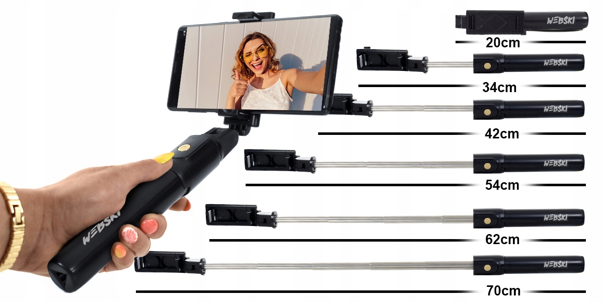 SELFIE-STICK Z PILOTEM TRIPODEM NÓŻKAMI STATYWEM Obsługiwane systemy operacyjne Android iOS