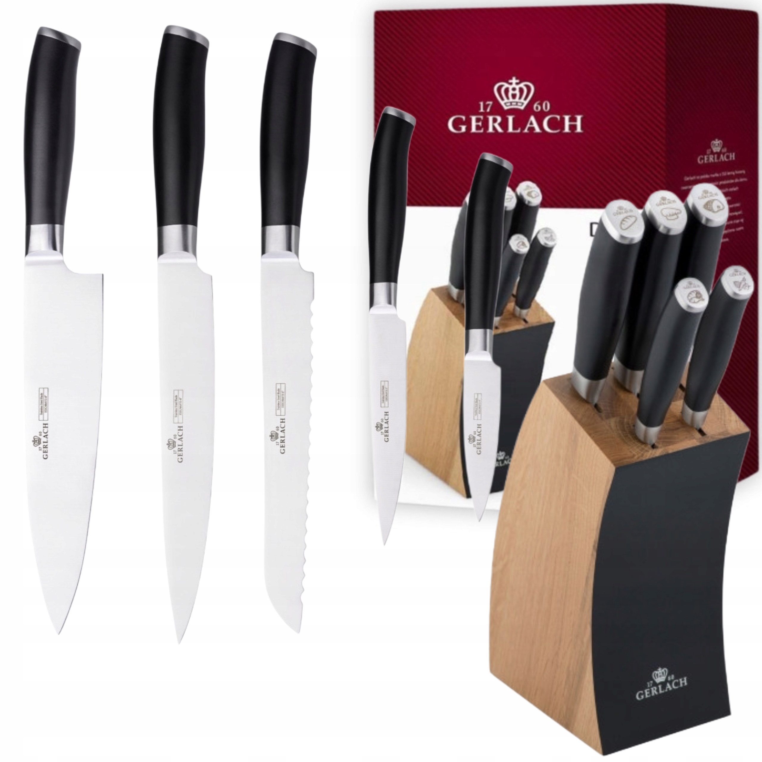 Sada 5 Nožov Gerlach Deco Black V Bloku, Oceľové Kuchynské Nože, Veľmi Ostré