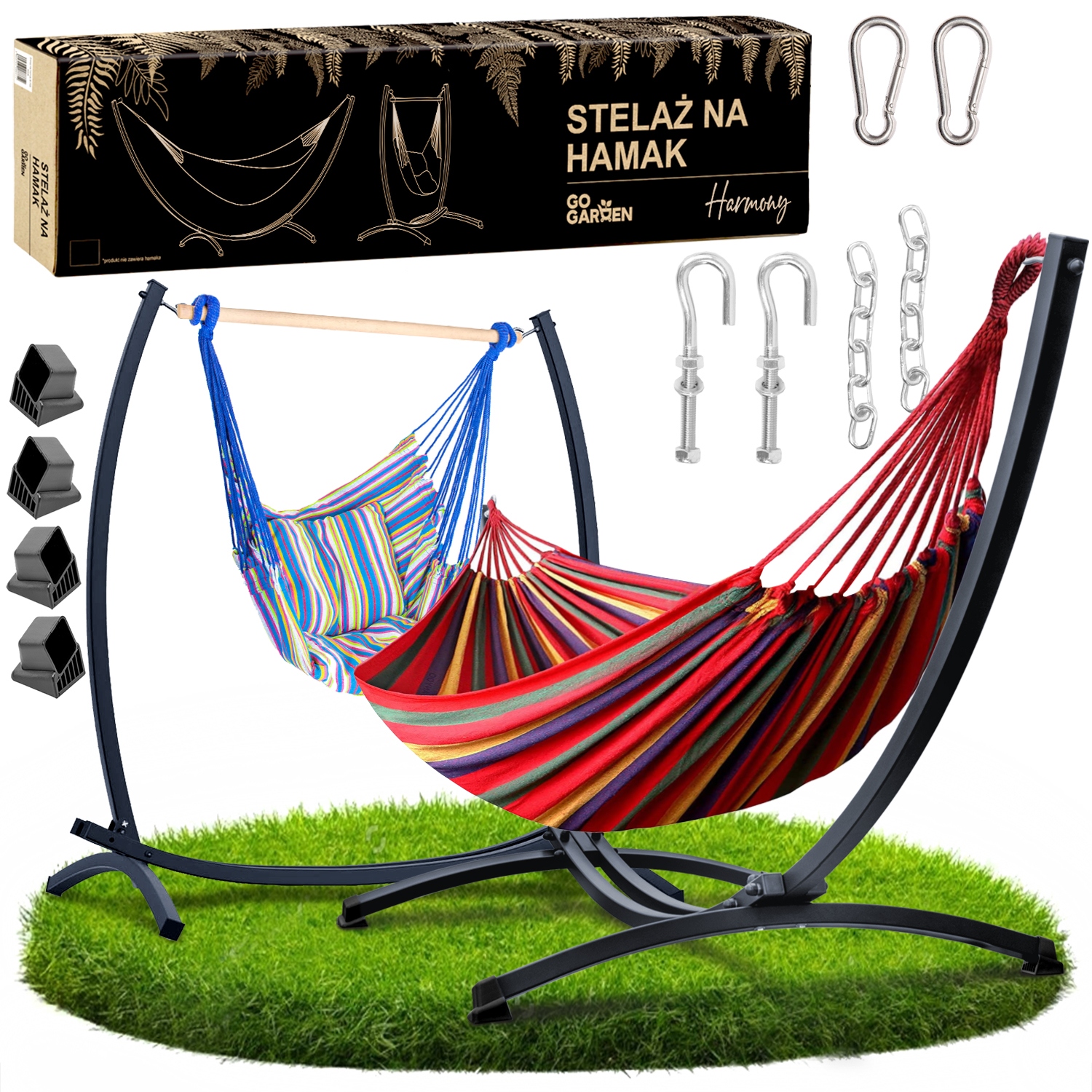 Hamak ze stelażem ogrodowy metalowy stojak 2w1 krzesło wiszące bujak mocny