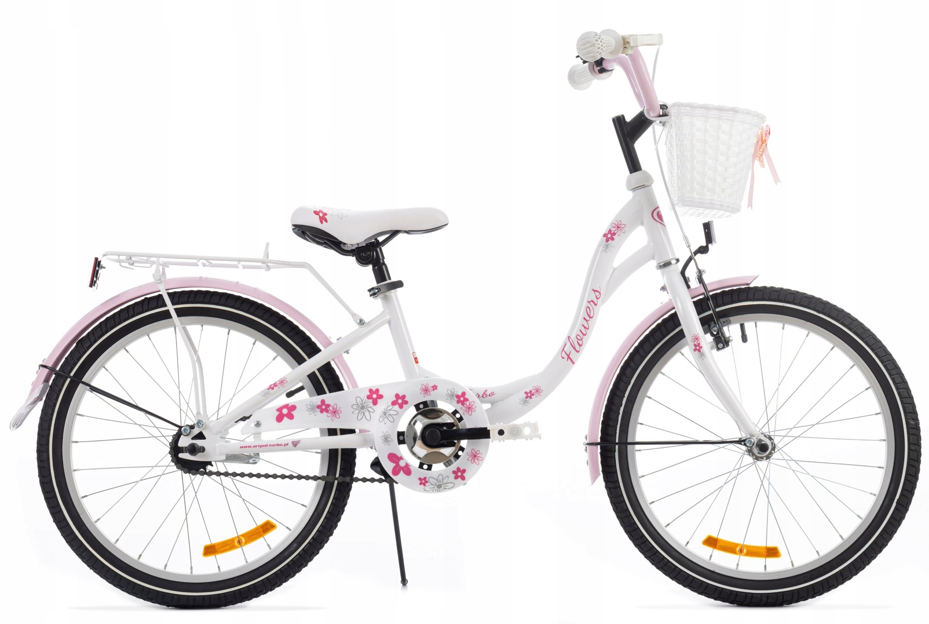 Rower 20" Flowers dla dziewczynki biały różowy p. koszyk stopka bagażnik