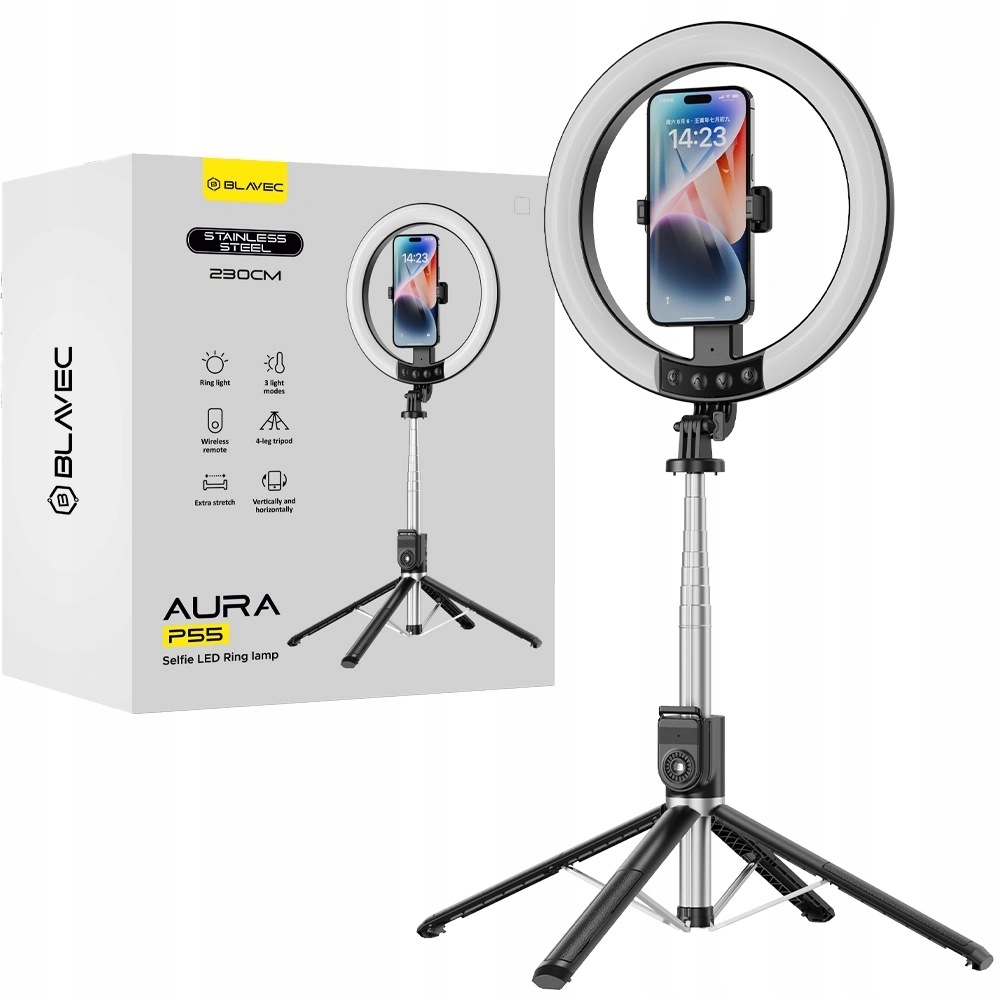 Silná prstencová lampa Selfie Stick Ring 25 cm Led tyč stativ 230 cm