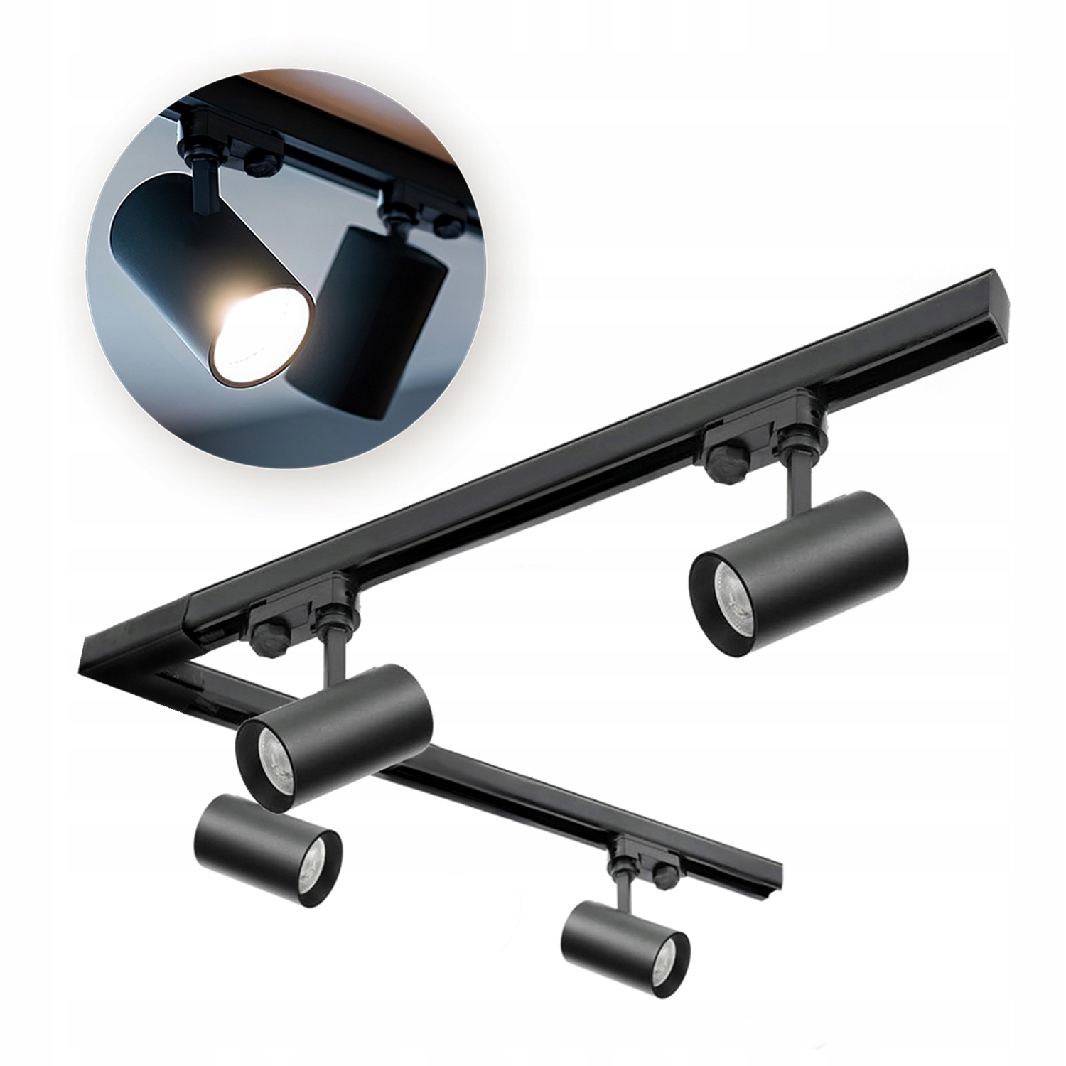 3-fázové kolejnicové osvětlení 1m+1m, L pravé, 4x svítidlo, 2x krytka Černá