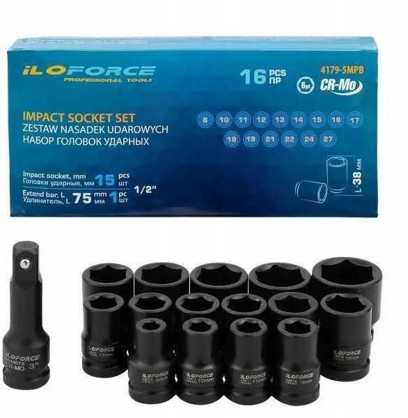 Zestaw nasadek udarowych 1/2" 6-kątnych 8-27 mm 16 el. Iloforce