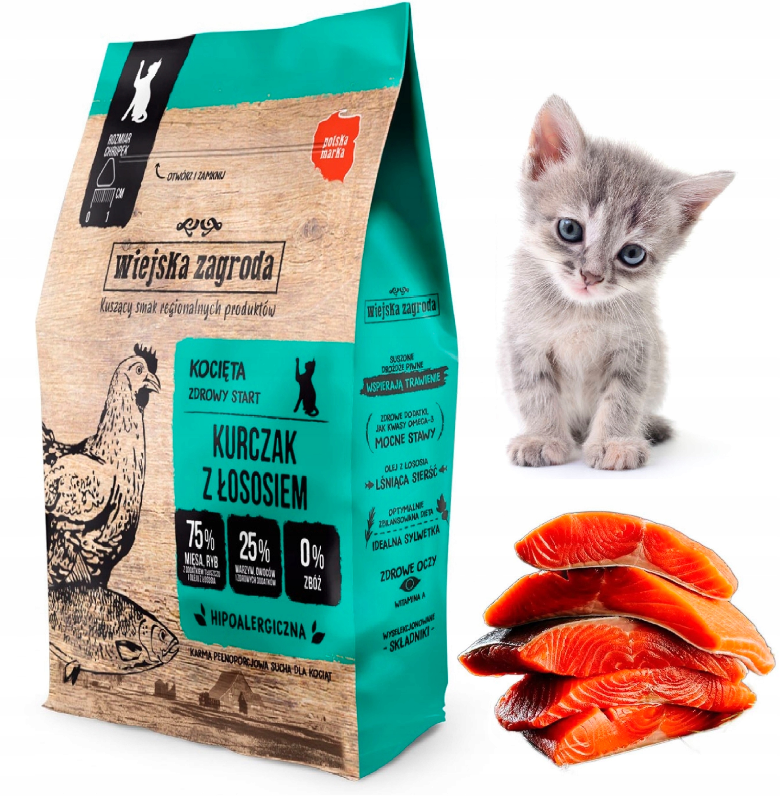 Wiejska Zagroda karma sucha dla Kociąt Kurczak z Łososiem 5 kg 75% mięsa