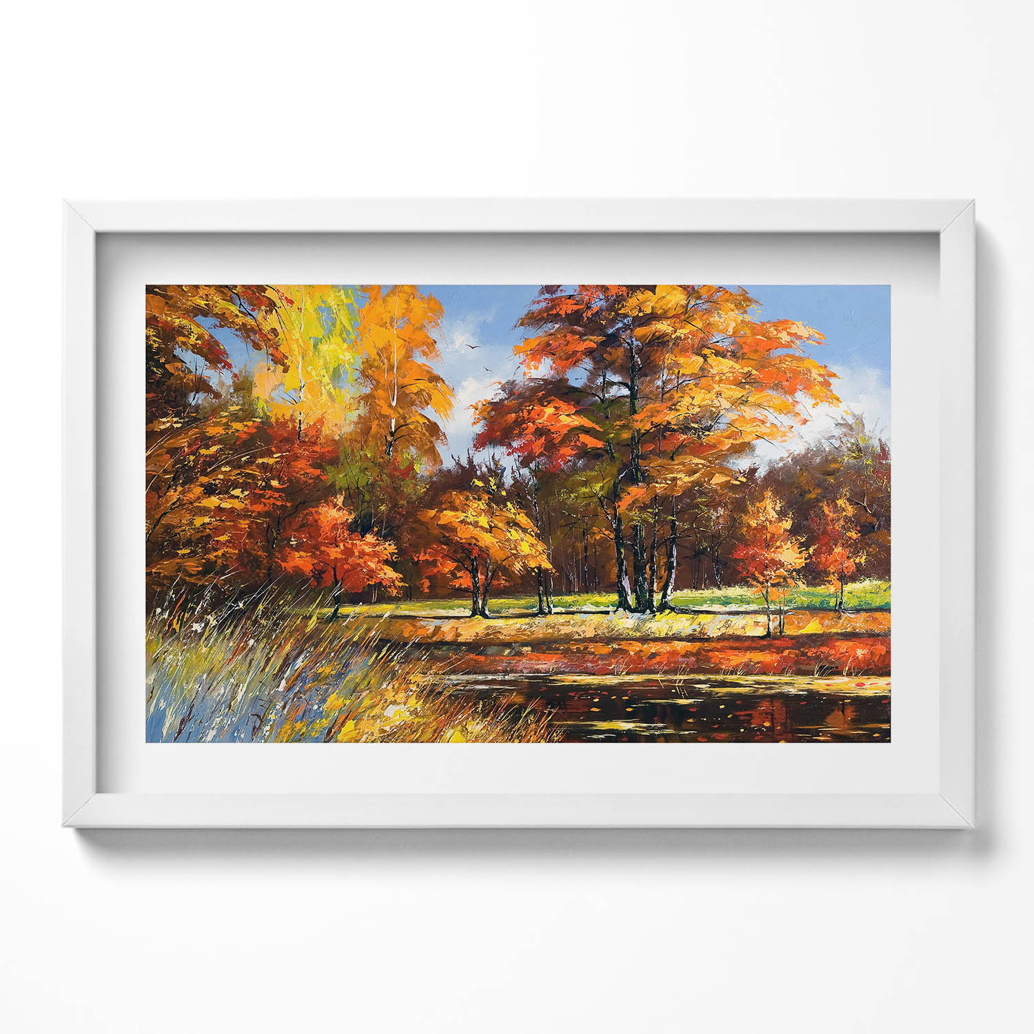 Dekorativní nástěnný obraz do obývacího pokoje kuchyně Malovaný podzim a řeka 60x40 cm