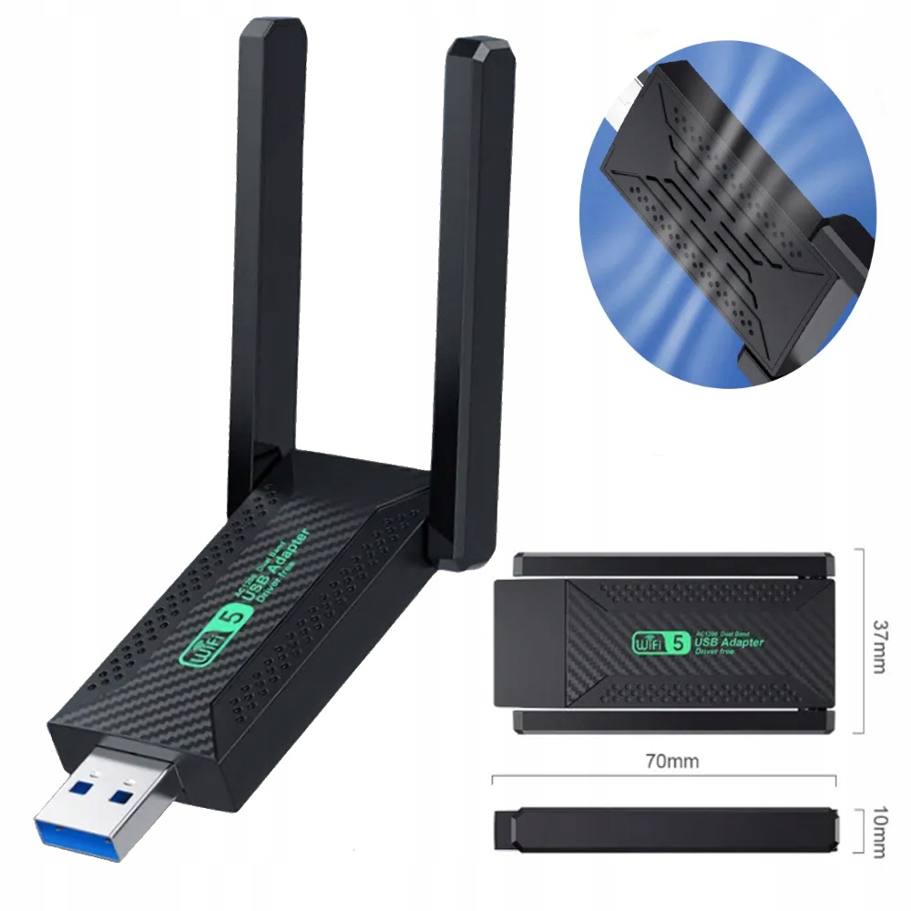 KARTA SIECIOWA WIFI USB ADAPTER 2x ANTENA DUAL BAND 5GHZ 2.4GHZ 1200 MBPS Interfejs USB 3.0