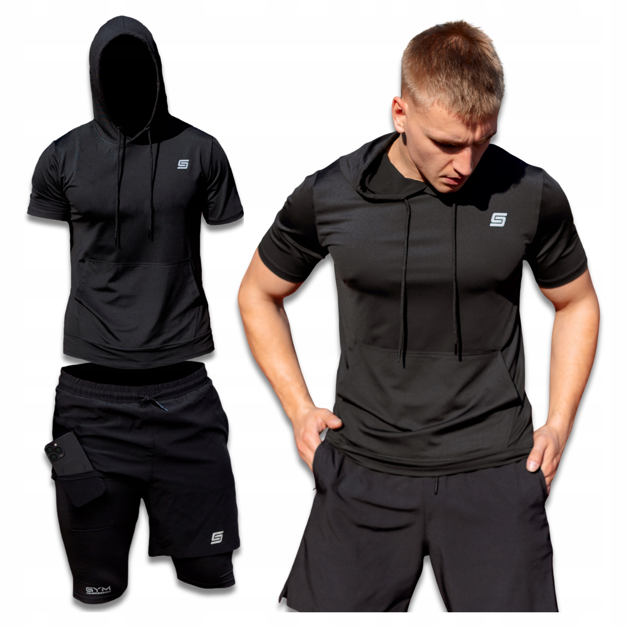 Pánský Komplet 2v1 Tričko S Kapucí Šortky S Legínami Sportovní Oblečení