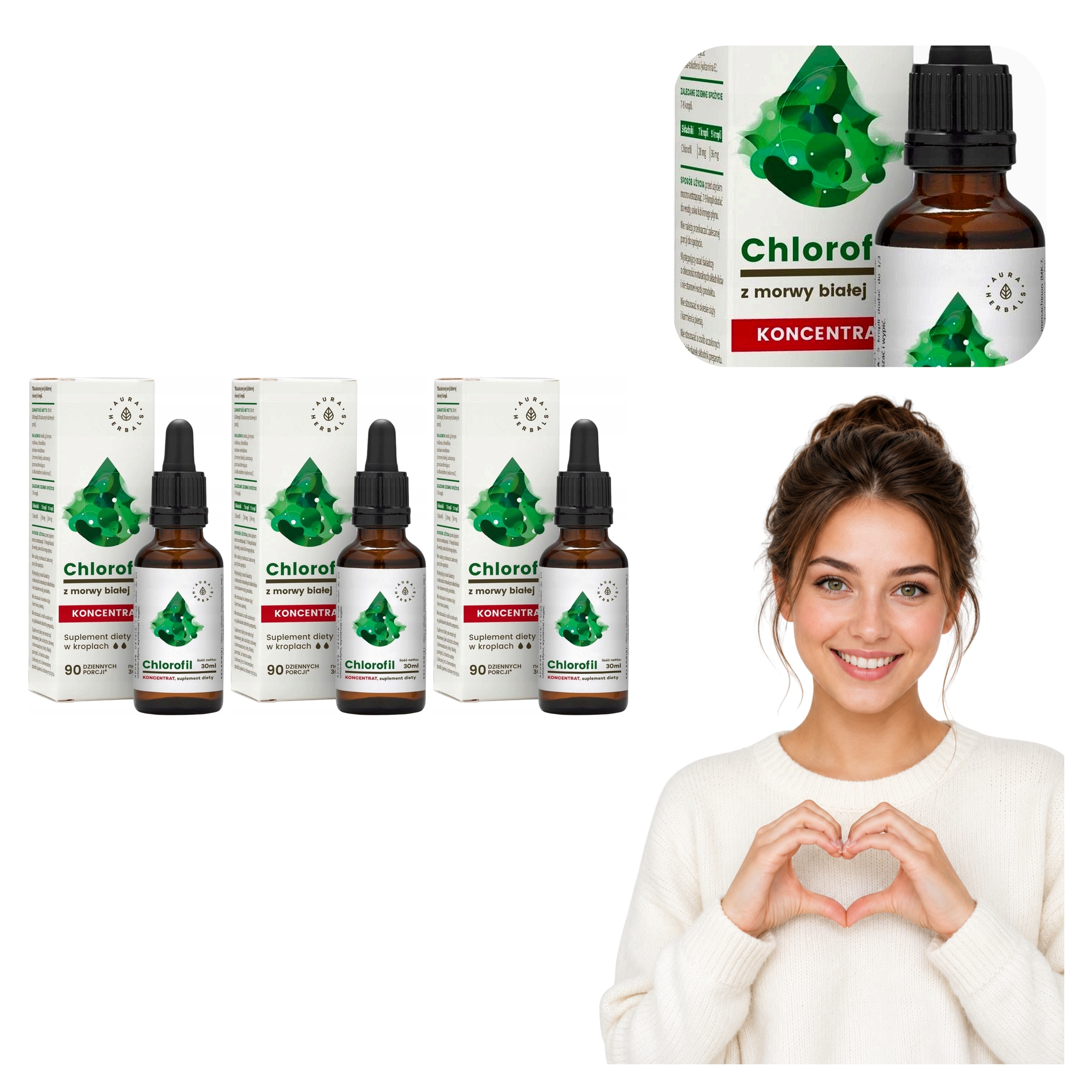 3x Krople Z Chlorofilem Aura Herbals Morwa Biała Koncentrat 30 ml 36 mg