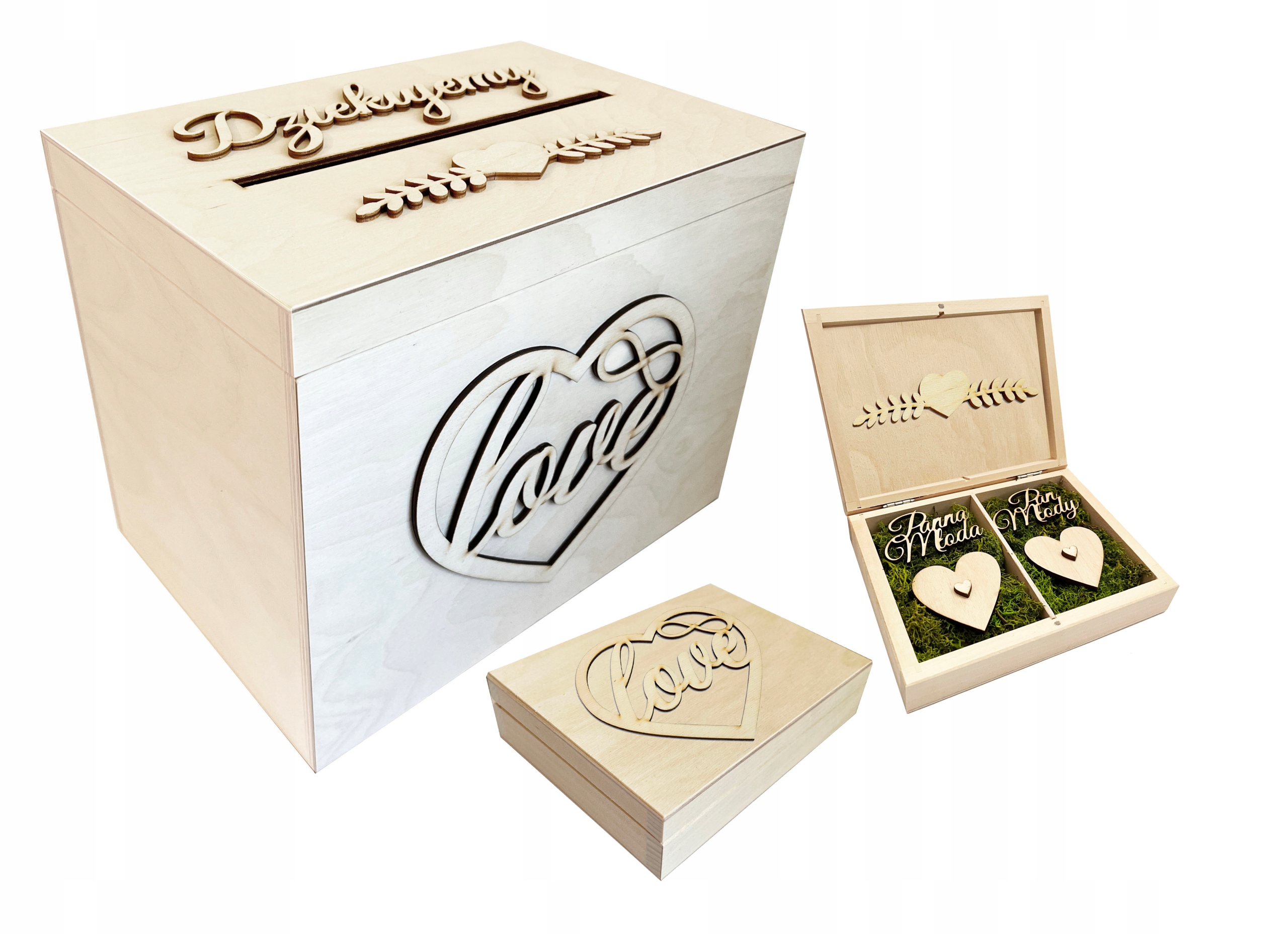 Dřevěná krabička na obálky a snubní prsteny, sada, svatební set, velká svatební hostina